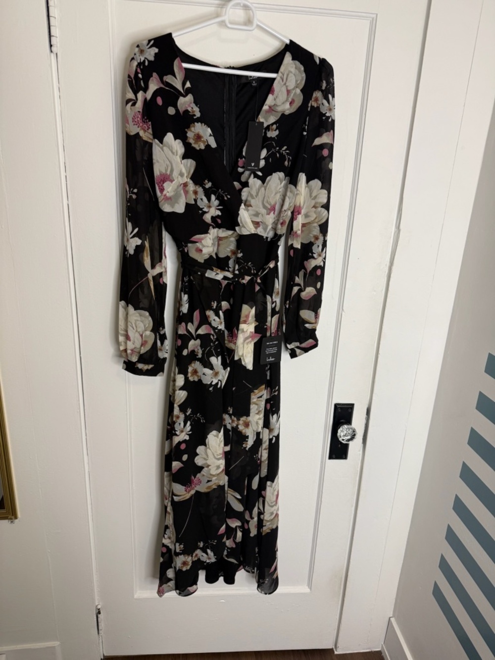 Lulu’s Blissful Thinking Black Floral Print High-Low Wrap Dress - Picture 5 of 9